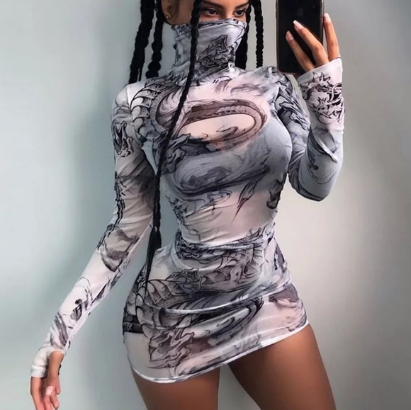 PrettyLittleThing Dresses & Skirts - Sheer Mesh Dragon Tattoo Bodycon Dress